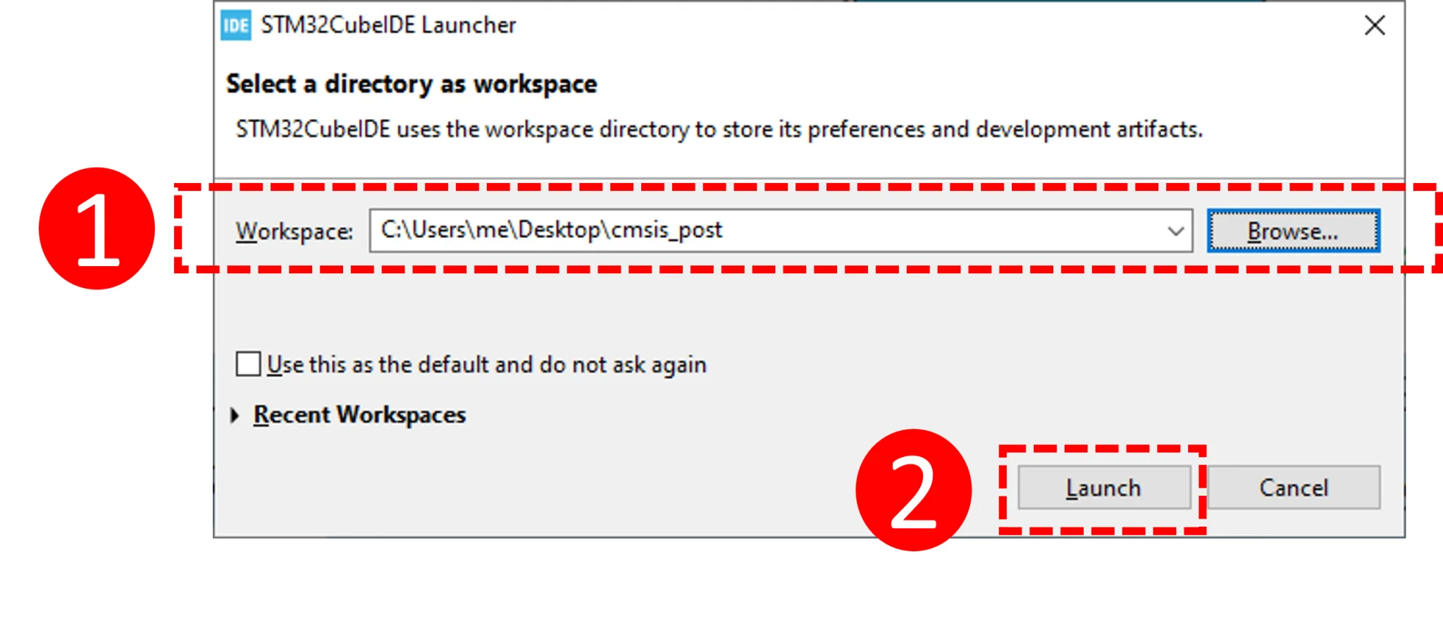 پنجره STM32CubeIDE Launcher