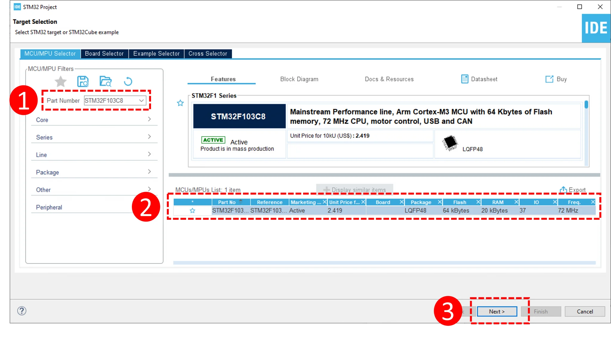 پنجره target selection در نرم افزار STM32CubeIDE و انتخاب میکروکنترلر stm32f103c8