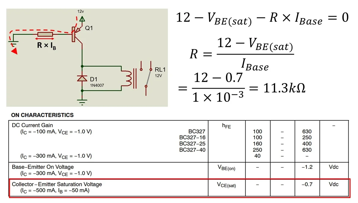 محاسبه ی مقاومت بیس برای ترانزیستور BC327 برای وصل رله 12v